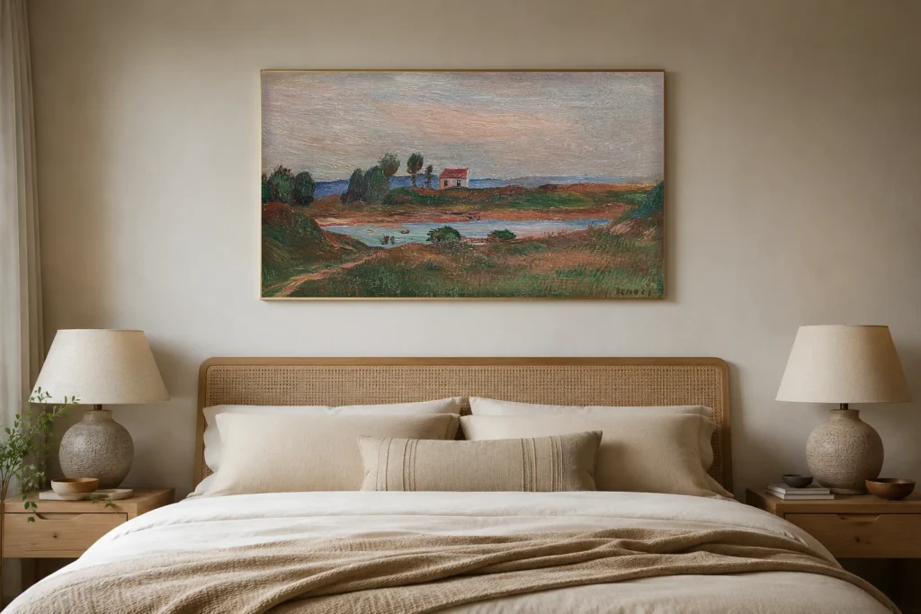 Framed print of View of Brittany hanging on a wall in a furnished room