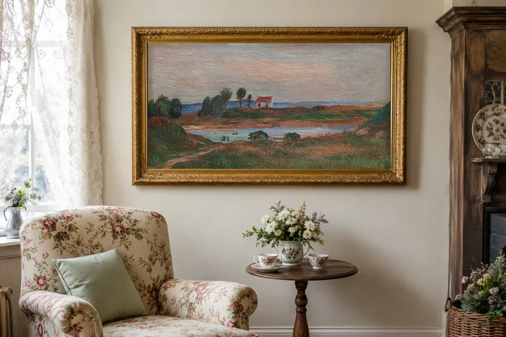 Framed print of View of Brittany hanging on a wall in a furnished room