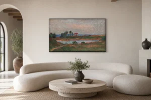 Framed print of View of Brittany hanging on a wall in a furnished room