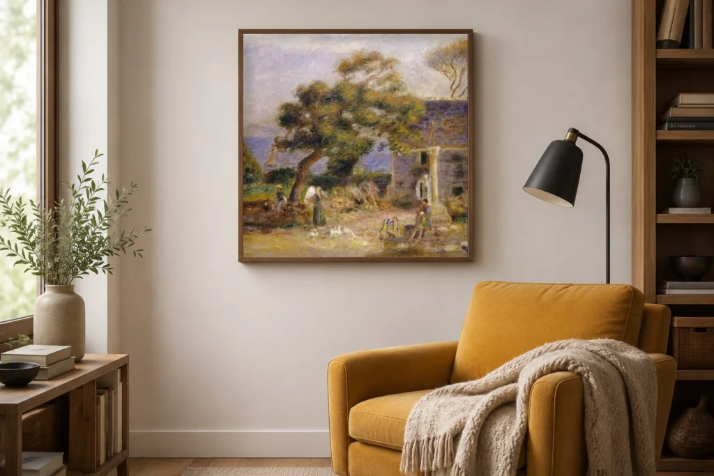 Framed print of Vue de Tréboul hanging on a wall in a furnished room