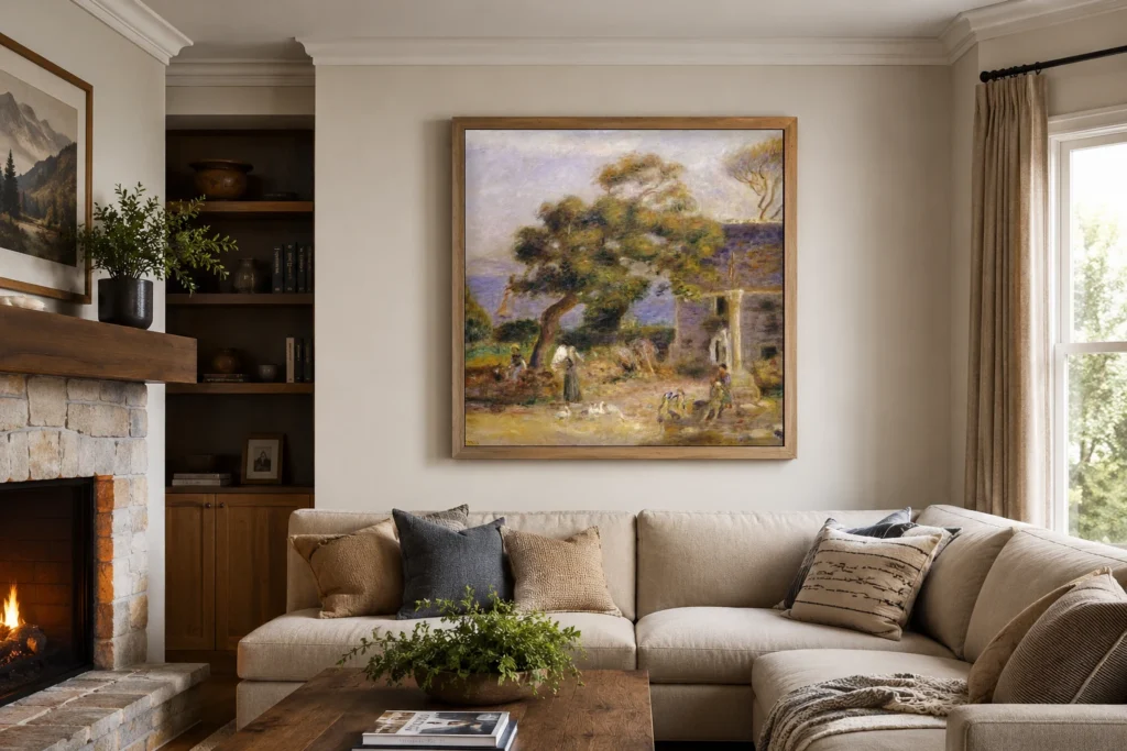 Framed print of Vue de Tréboul hanging on a wall in a furnished room
