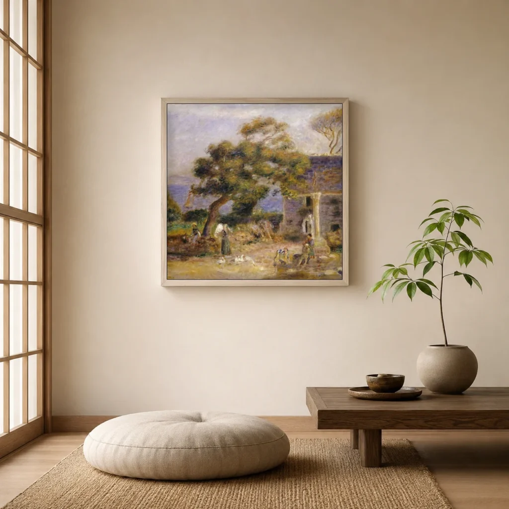 Framed print of Vue de Tréboul hanging on a wall in a furnished room