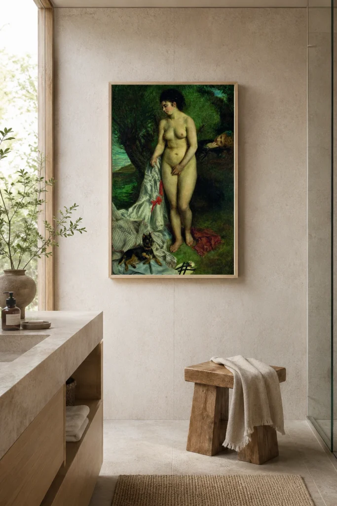 Framed print of Bather with a Griffon Dog hanging on a wall in a furnished room