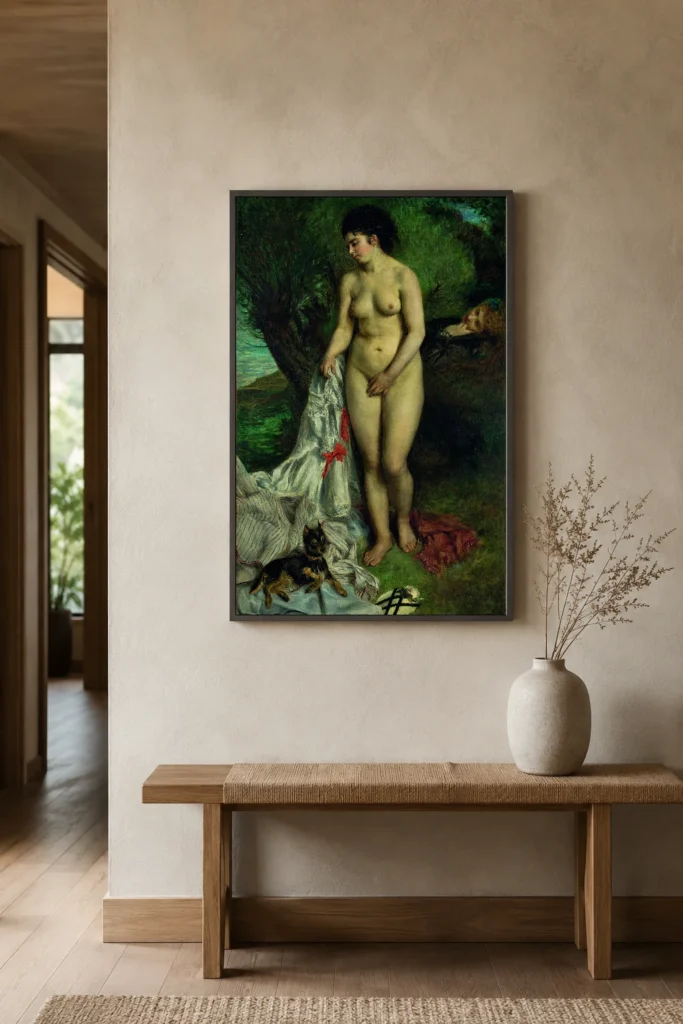 Framed print of Bather with a Griffon Dog hanging on a wall in a furnished room
