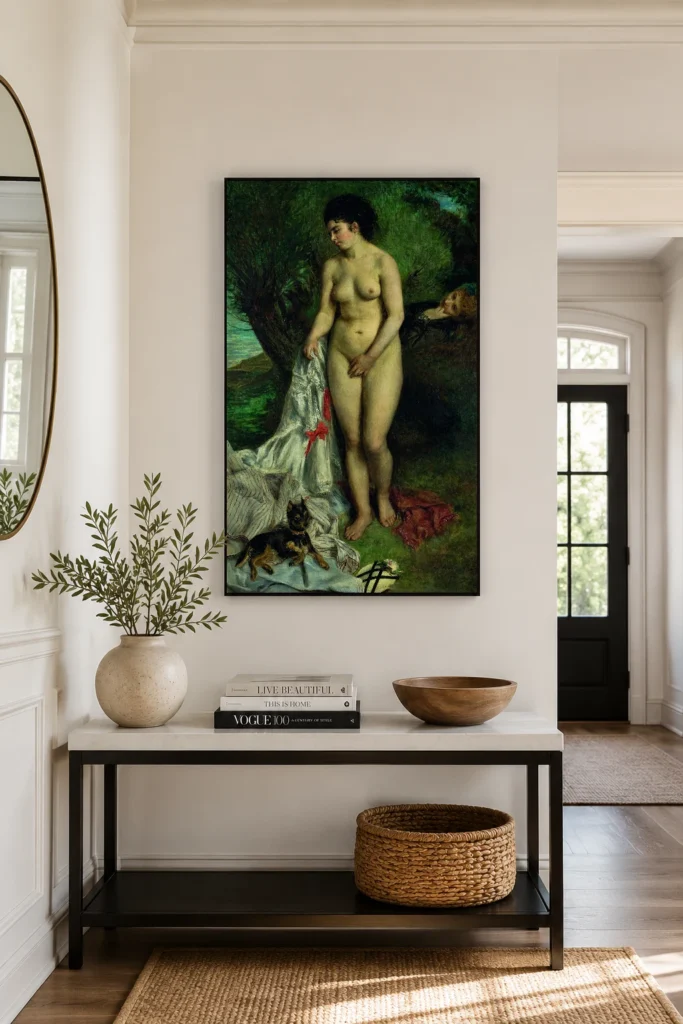Framed print of Bather with a Griffon Dog hanging on a wall in a furnished room