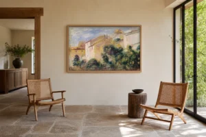 Framed print of View of the Villa Garden hanging on a wall in a furnished room