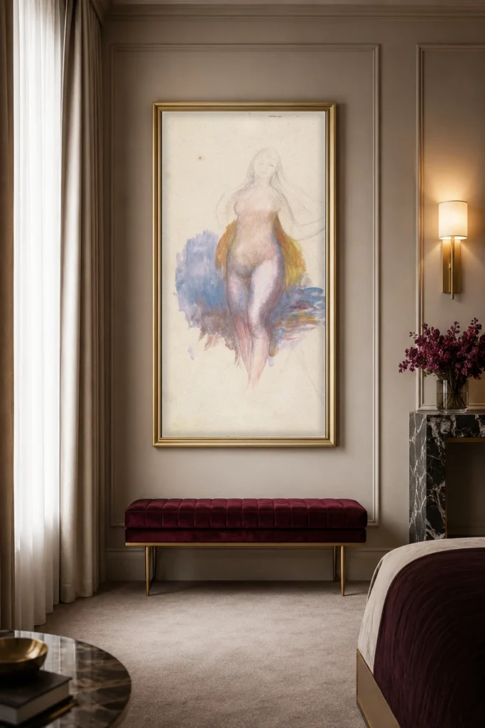 Framed print of Venus hanging on a wall in a furnished room