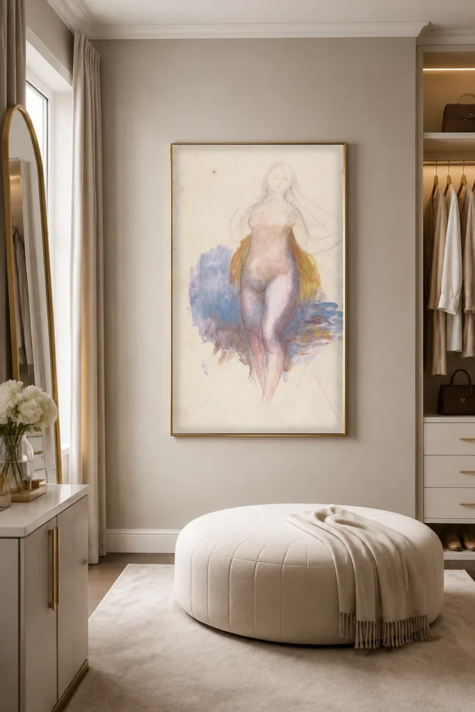 Framed print of Venus hanging on a wall in a furnished room