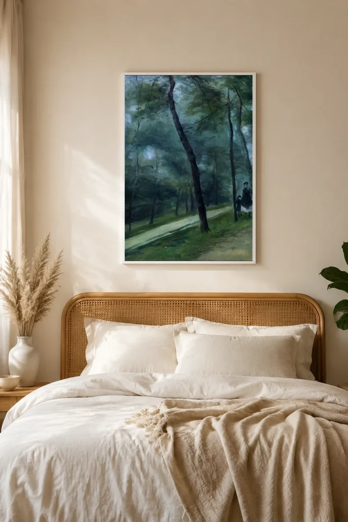 Framed print of Walk in the Woods (Mrs. Le Cœur and her Children) hanging on a wall in a furnished room
