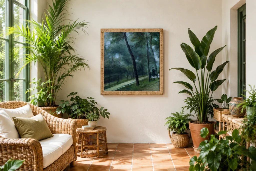 Framed print of Walk in the Woods (Mrs. Le Cœur and her Children) hanging on a wall in a furnished room
