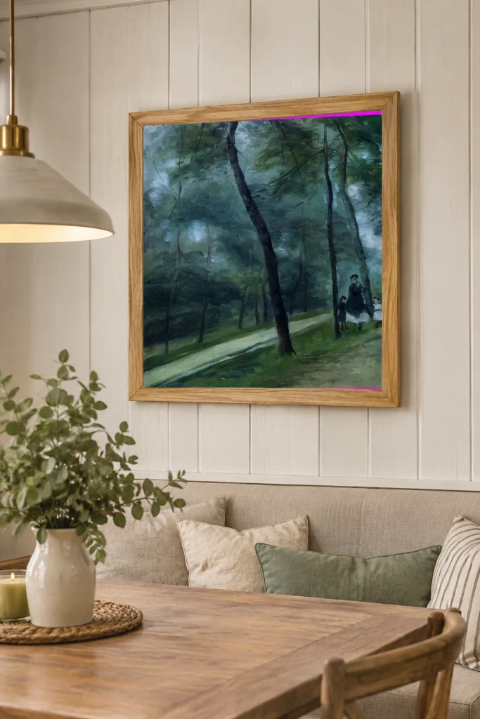 Framed print of Walk in the Woods (Mrs. Le Cœur and her Children) hanging on a wall in a furnished room
