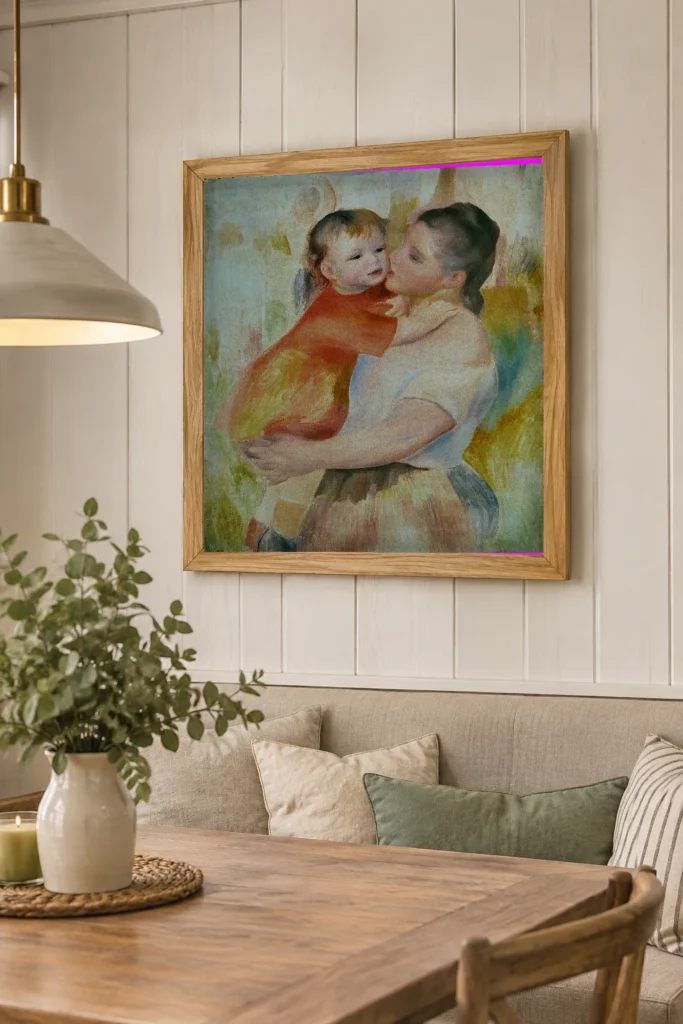 Framed print of Washerwoman and Child hanging on a wall in a furnished room