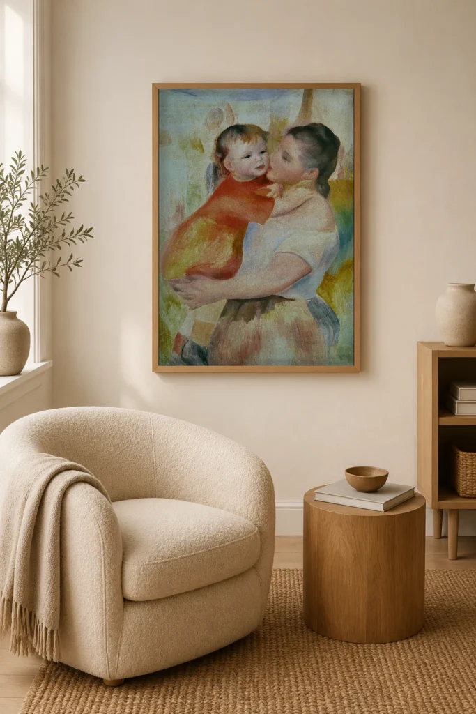 Framed print of Washerwoman and Child hanging on a wall in a furnished room