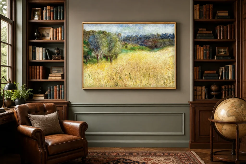 Framed print of Wheatfield hanging on a wall in a furnished room