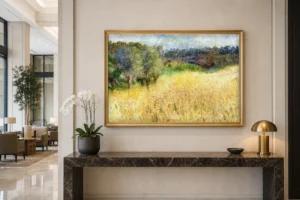 Framed print of Wheatfield hanging on a wall in a furnished room