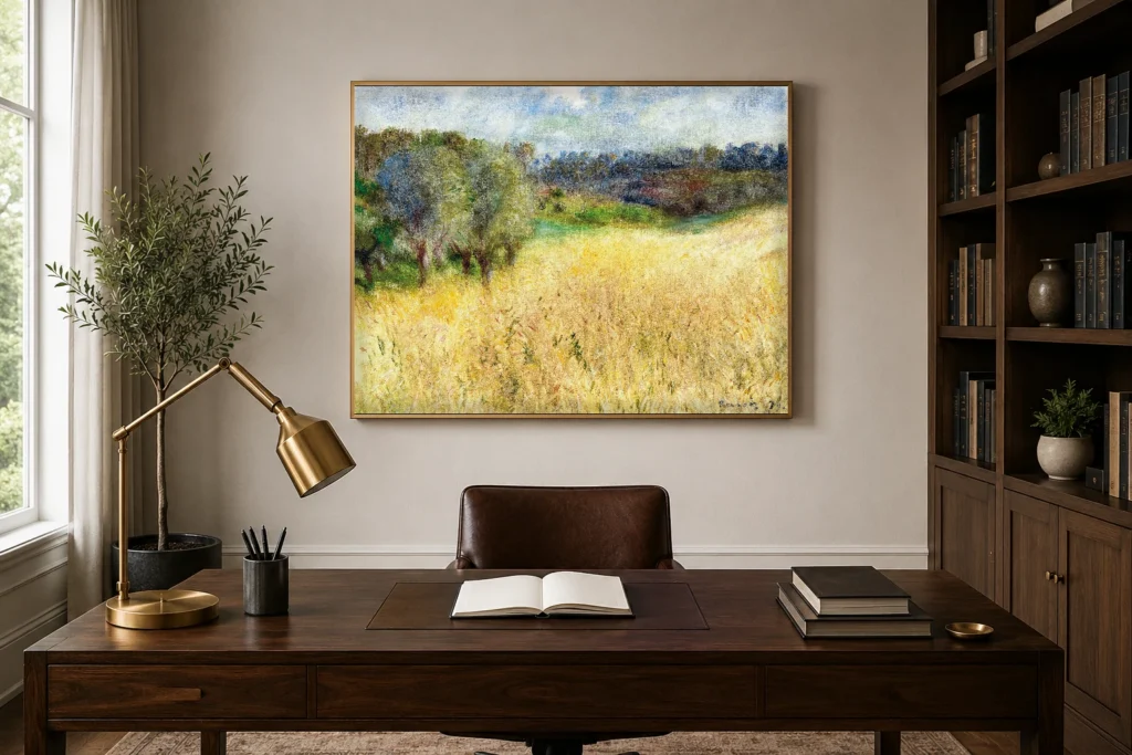 Framed print of Wheatfield hanging on a wall in a furnished room