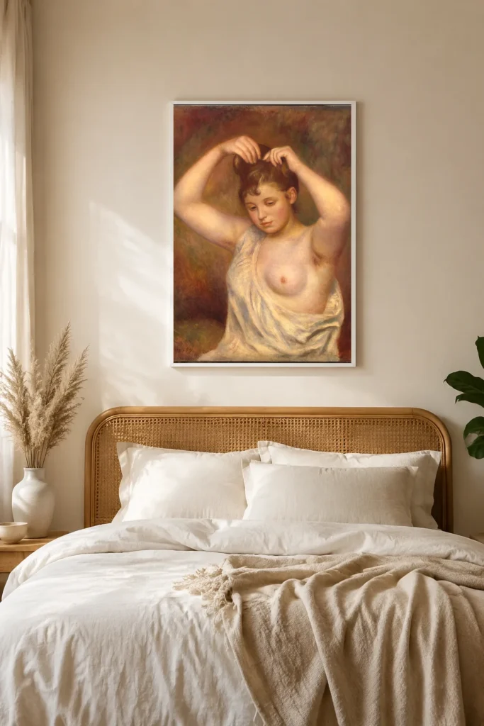 Framed print of Woman Arranging her Hair hanging on a wall in a furnished room