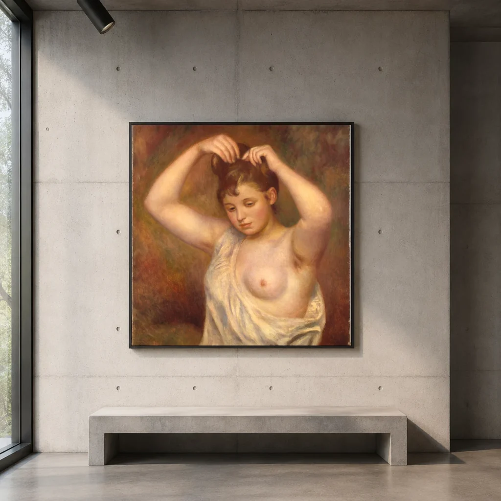 Framed print of Woman Arranging her Hair hanging on a wall in a furnished room