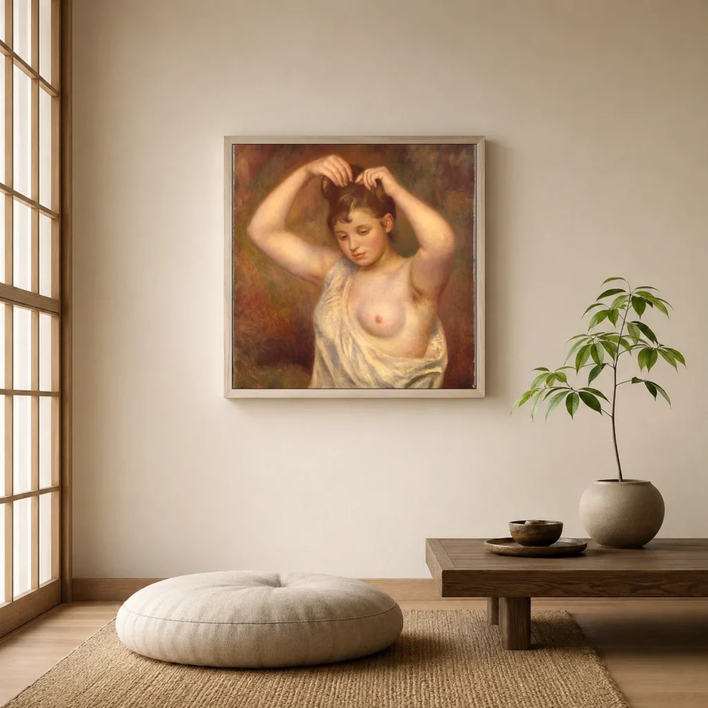 Framed print of Woman Arranging her Hair hanging on a wall in a furnished room