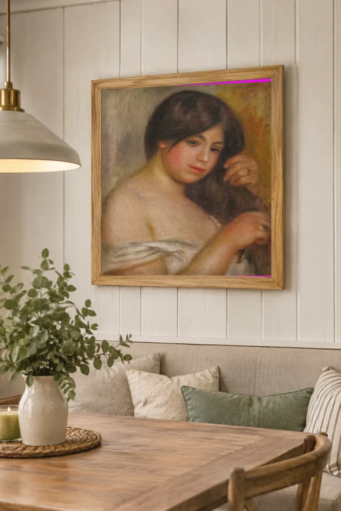 Framed print of Woman Combing her Hair hanging on a wall in a furnished room