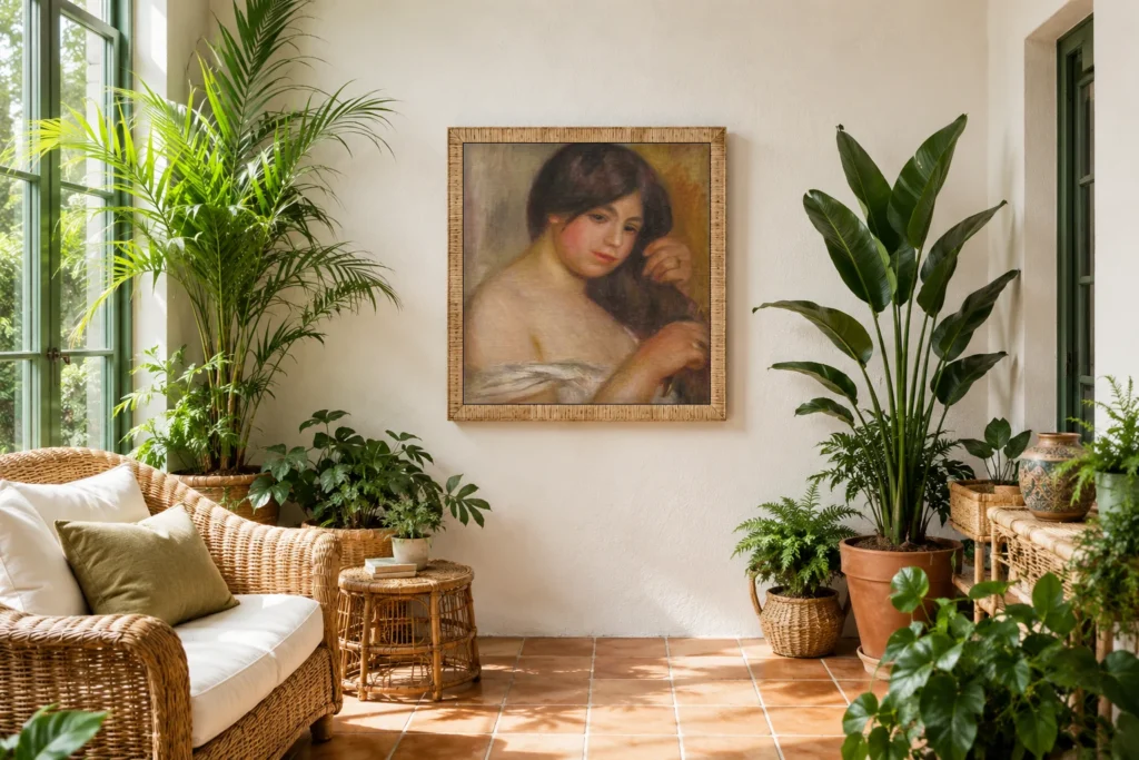 Framed print of Woman Combing her Hair hanging on a wall in a furnished room