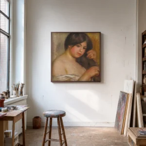 Framed print of Woman Combing her Hair hanging on a wall in a furnished room