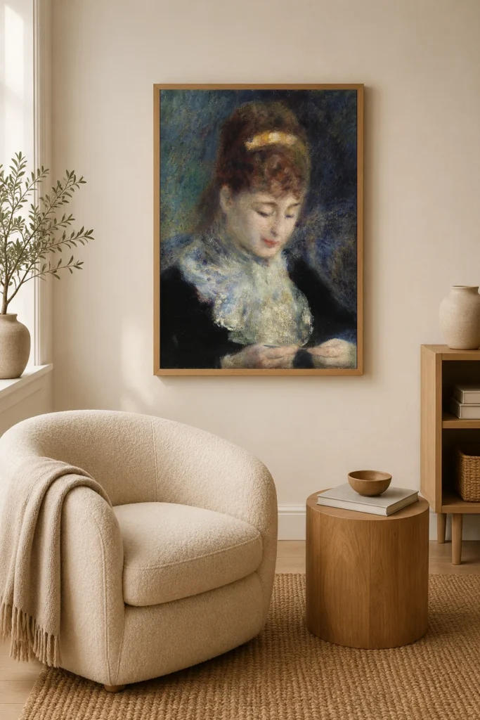 Framed print of Woman Crocheting (Femme faisant du crochet) hanging on a wall in a furnished room