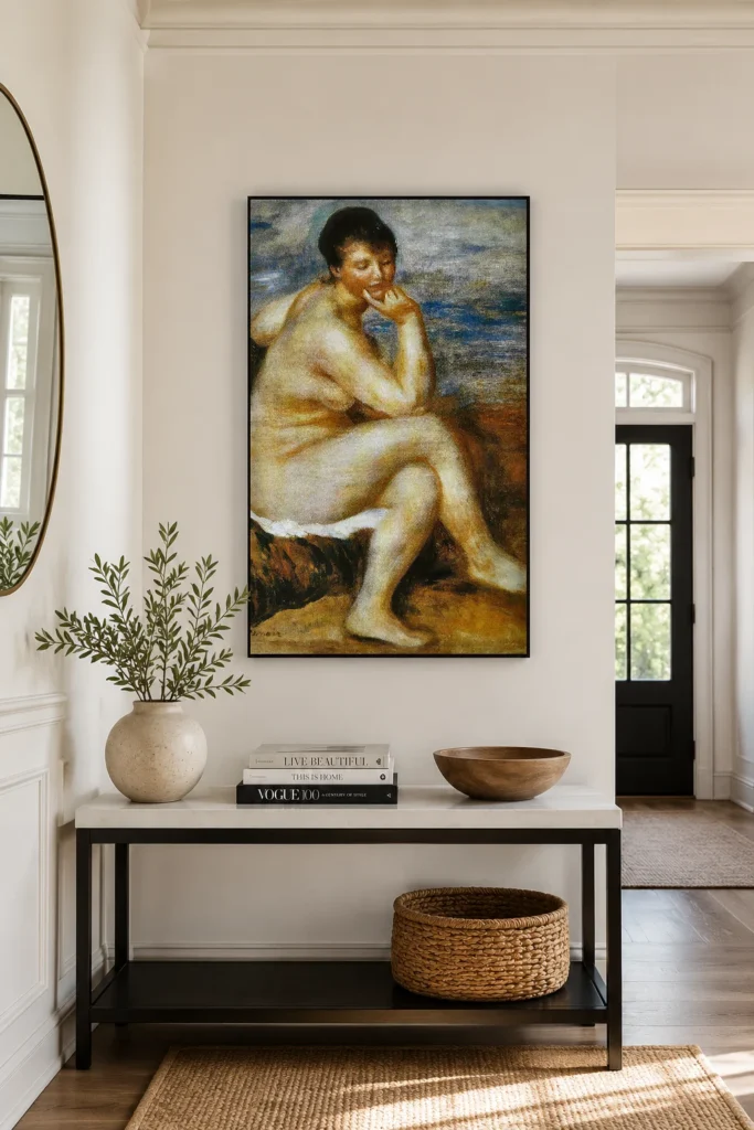 Framed print of Bather with a rock hanging on a wall in a furnished room
