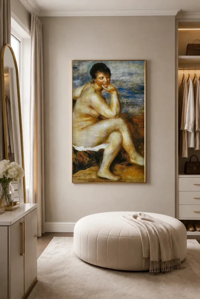 Framed print of Bather with a rock hanging on a wall in a furnished room
