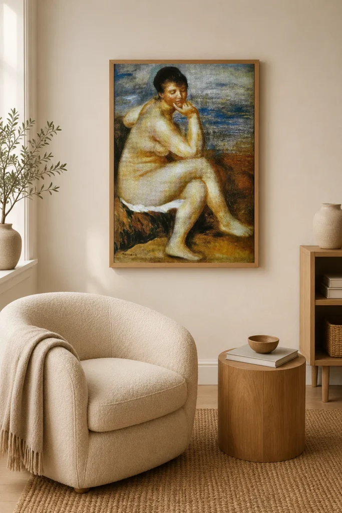 Framed print of Bather with a rock hanging on a wall in a furnished room