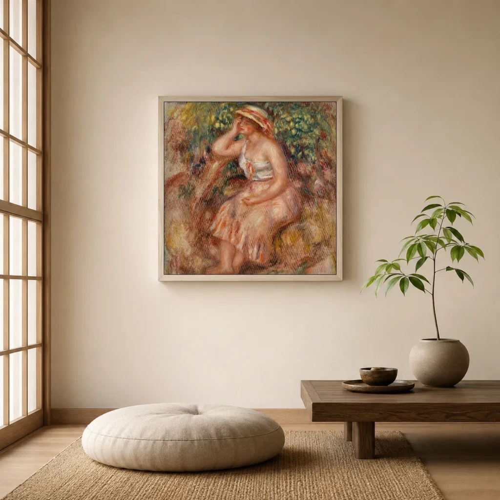 Framed print of Woman Daydreaming (Rêveuse) hanging on a wall in a furnished room
