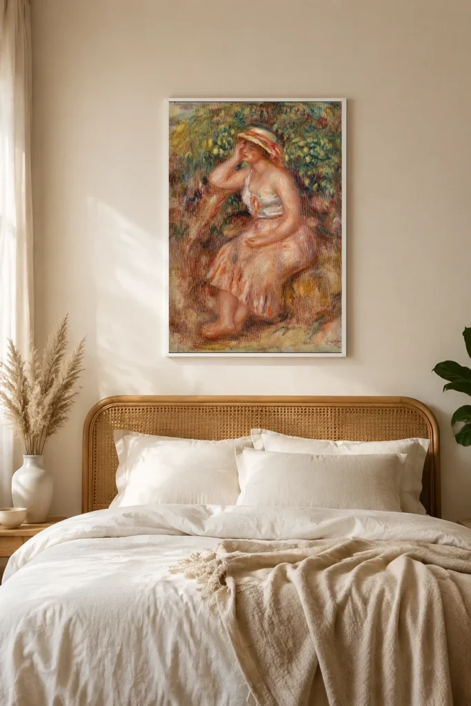 Framed print of Woman Daydreaming (Rêveuse) hanging on a wall in a furnished room