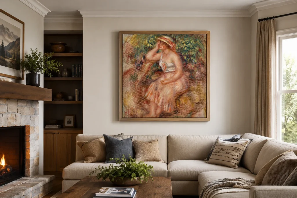Framed print of Woman Daydreaming (Rêveuse) hanging on a wall in a furnished room