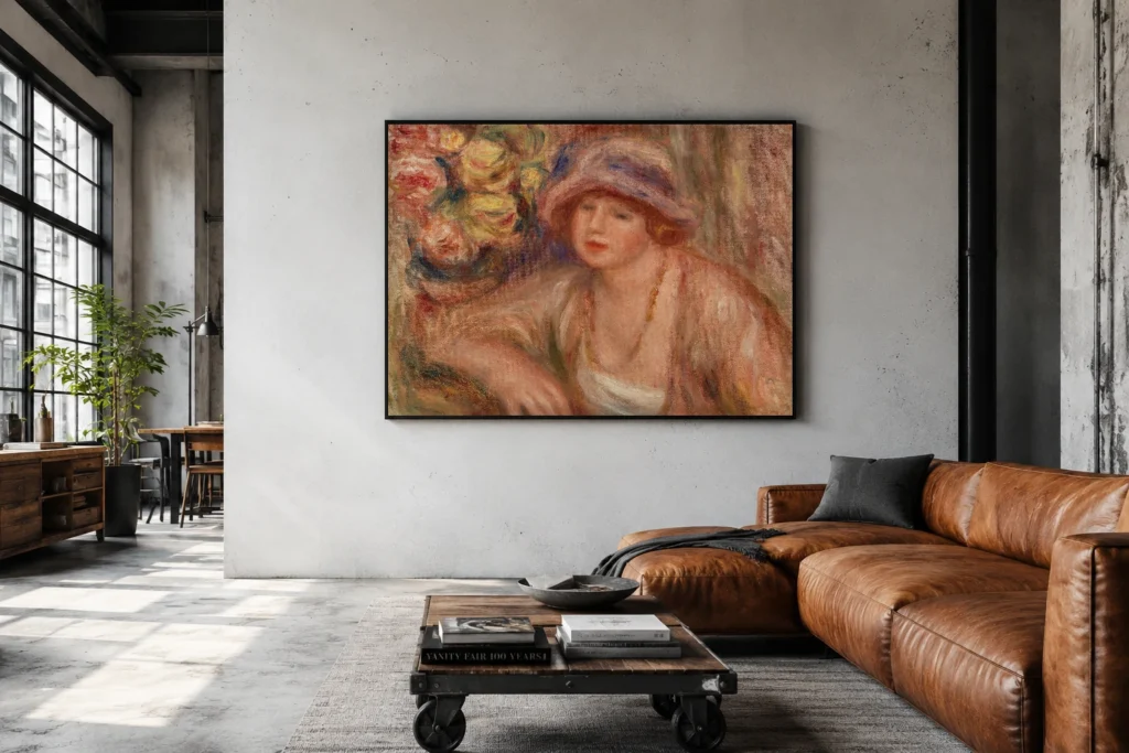 Framed print of Woman Leaning (Femme accoudée) hanging on a wall in a furnished room