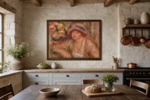 Framed print of Woman Leaning (Femme accoudée) hanging on a wall in a furnished room