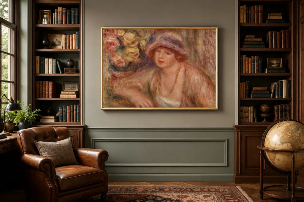 Framed print of Woman Leaning (Femme accoudée) hanging on a wall in a furnished room