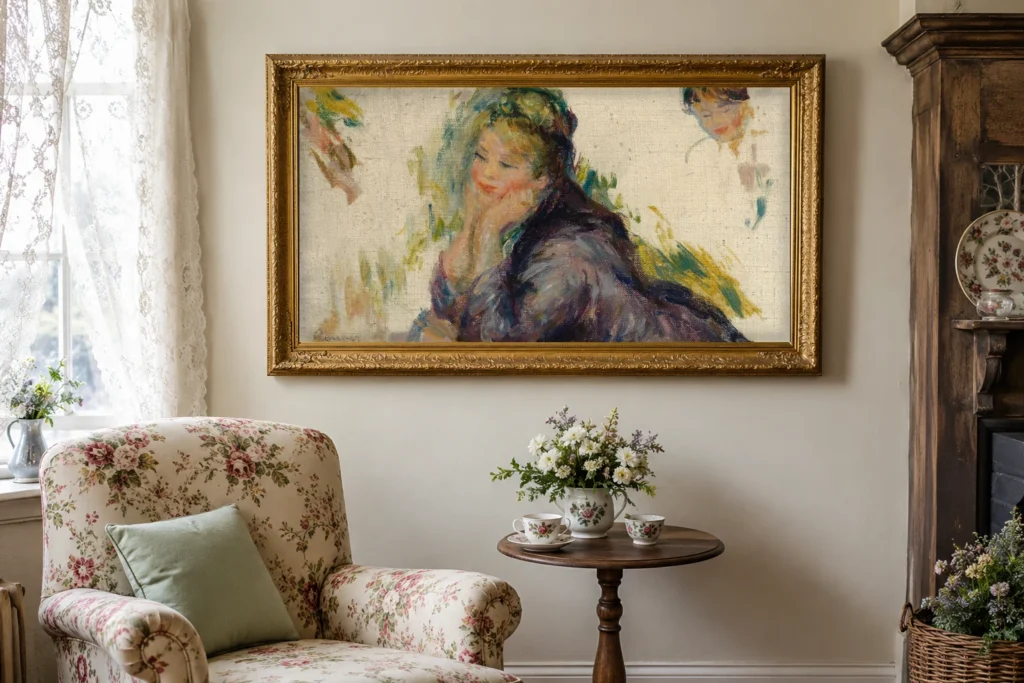 Framed print of Woman Leaning on Her Elbows hanging on a wall in a furnished room