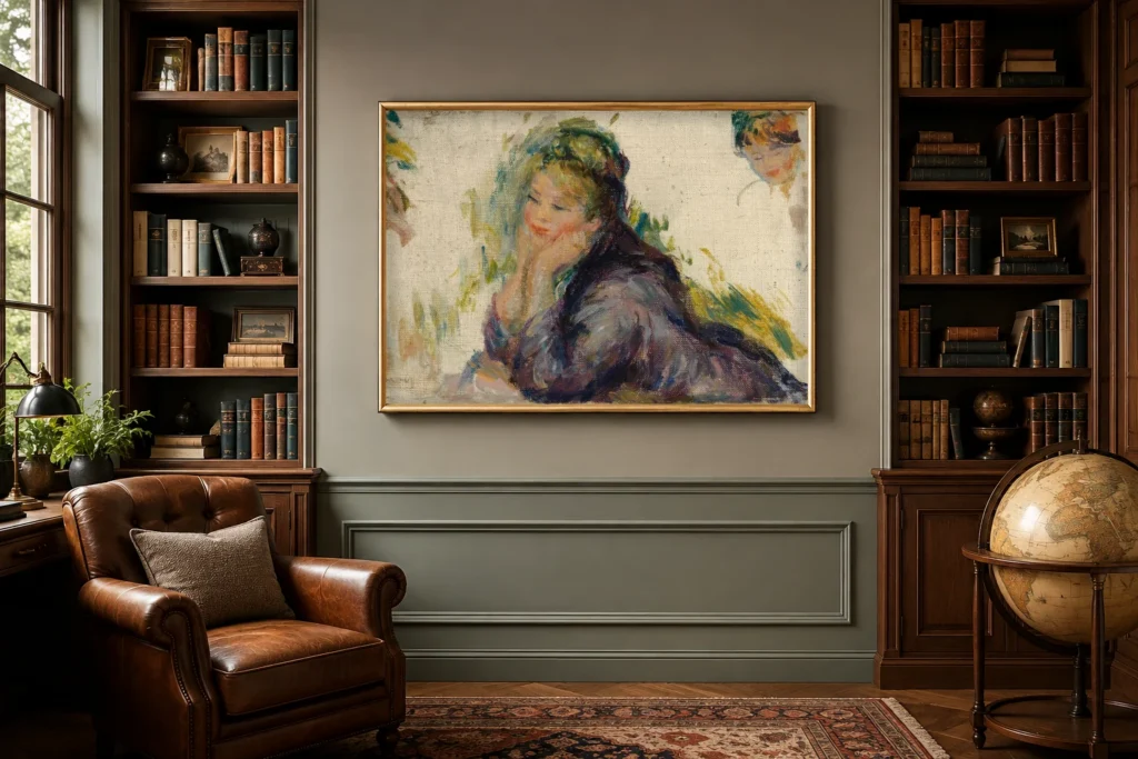 Framed print of Woman Leaning on Her Elbows hanging on a wall in a furnished room