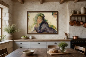 Framed print of Woman Leaning on Her Elbows hanging on a wall in a furnished room