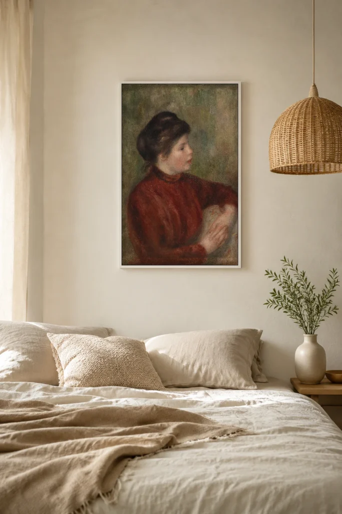 Framed print of Woman Leaning on a Chair (Femme appuyée sur une chaise) hanging on a wall in a furnished room