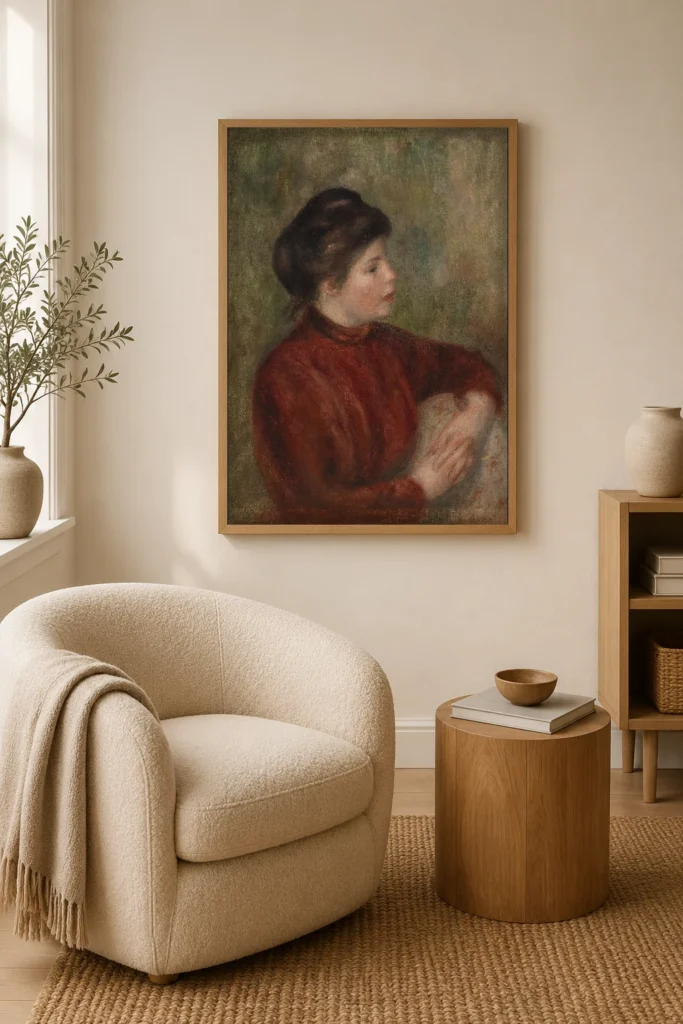 Framed print of Woman Leaning on a Chair (Femme appuyée sur une chaise) hanging on a wall in a furnished room