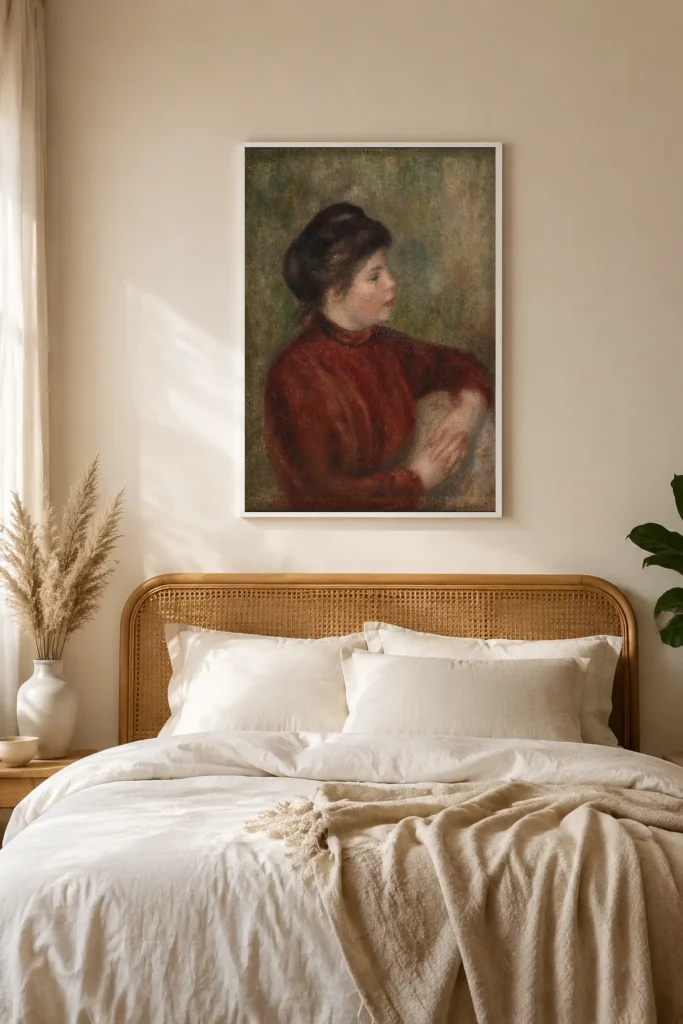 Framed print of Woman Leaning on a Chair (Femme appuyée sur une chaise) hanging on a wall in a furnished room