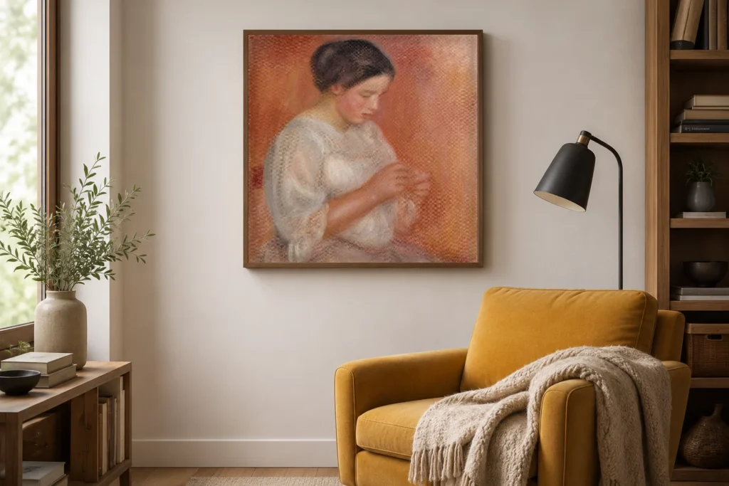 Framed print of Woman Sewing hanging on a wall in a furnished room
