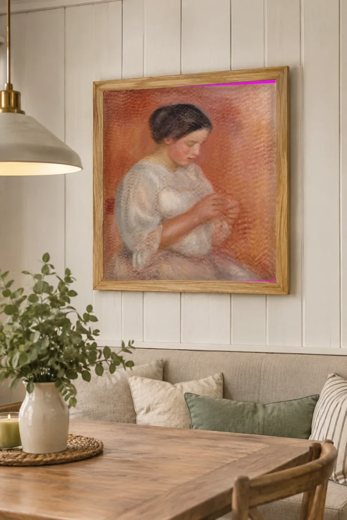 Framed print of Woman Sewing hanging on a wall in a furnished room