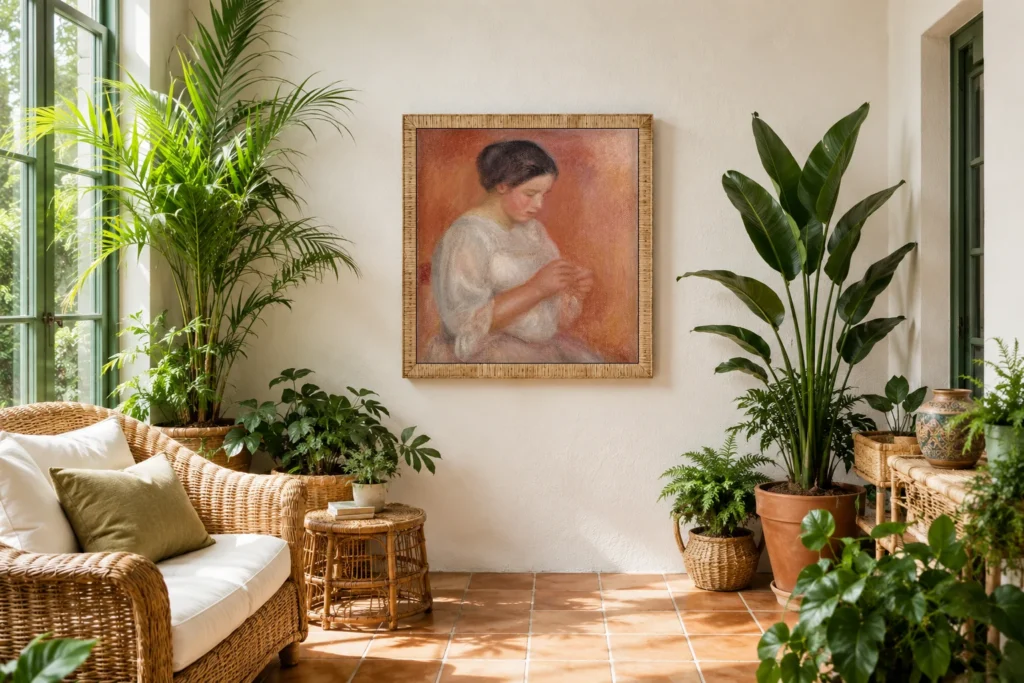 Framed print of Woman Sewing hanging on a wall in a furnished room