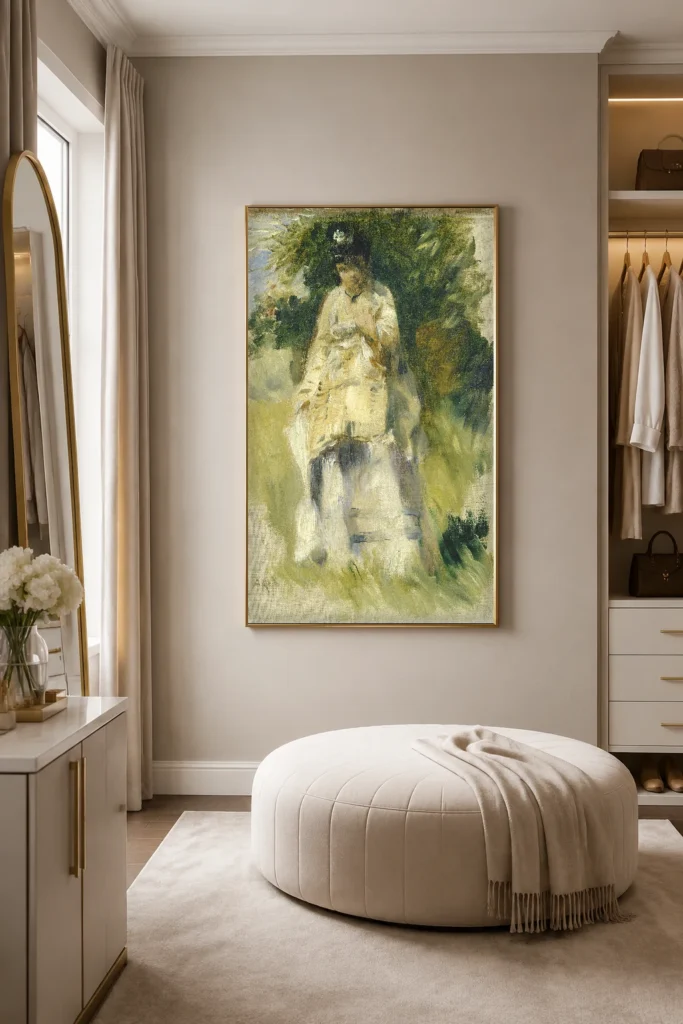 Framed print of Woman Standing by a Tree hanging on a wall in a furnished room