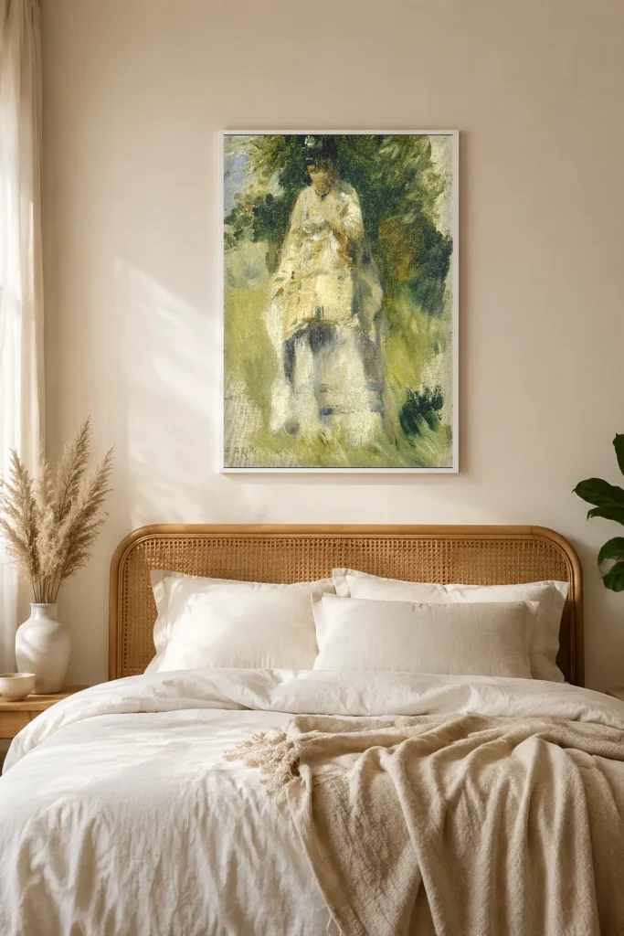 Framed print of Woman Standing by a Tree hanging on a wall in a furnished room