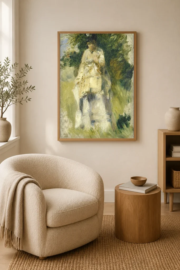 Framed print of Woman Standing by a Tree hanging on a wall in a furnished room