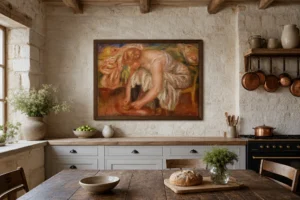 Framed print of Woman Tying Her Shoe hanging on a wall in a furnished room