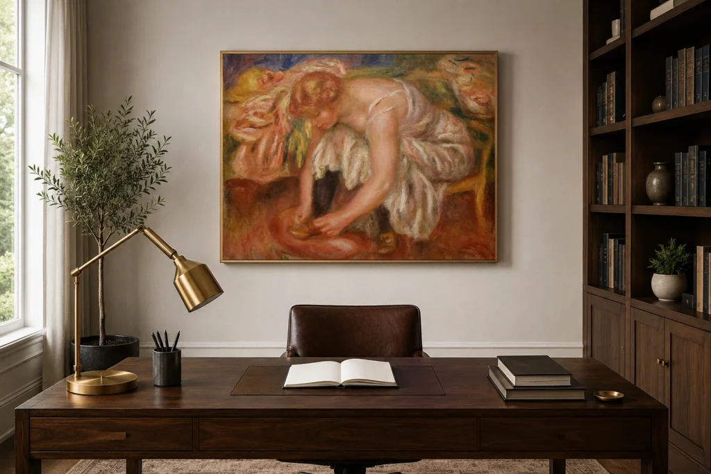Framed print of Woman Tying Her Shoe hanging on a wall in a furnished room
